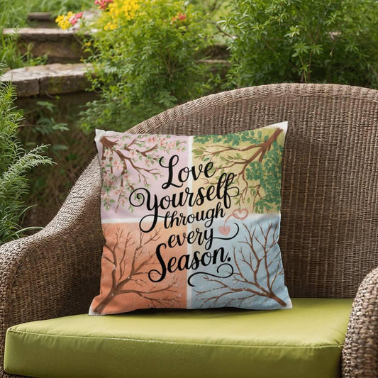 Shop our love yourself through every season self care pillow featuring the 18" x 18" style option from MySisterIsASurvivor.