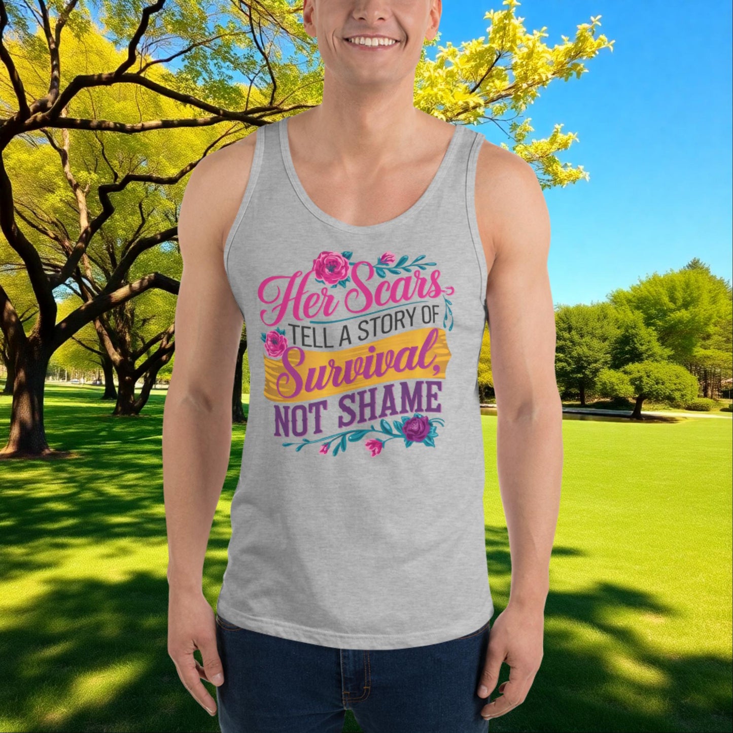 Her Scars Tell a Story of Survival tank top, custom empowerment apparel for domestic violence survivors