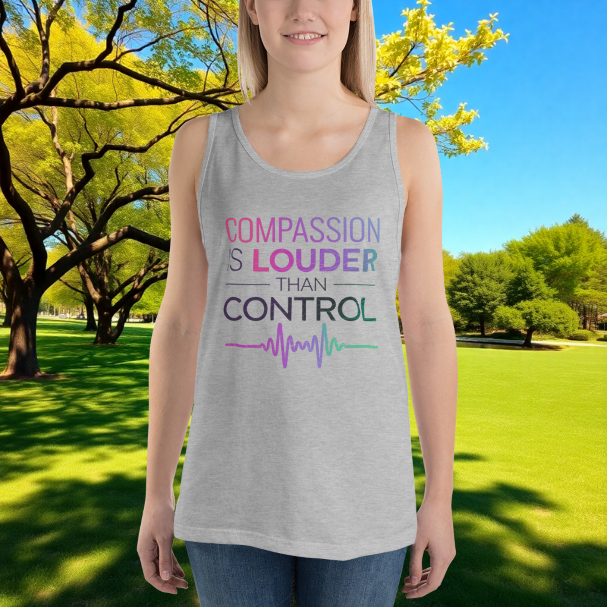 Compassion Over Control quote unisex tank top, mental health awareness apparel for advocates and survivor empowerment