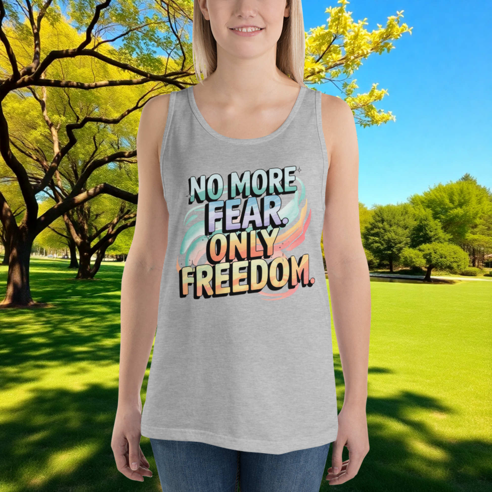 No More Fear, Only Freedom quote unisex tank top, survivor empowerment, abuse recovery, and domestic violence support