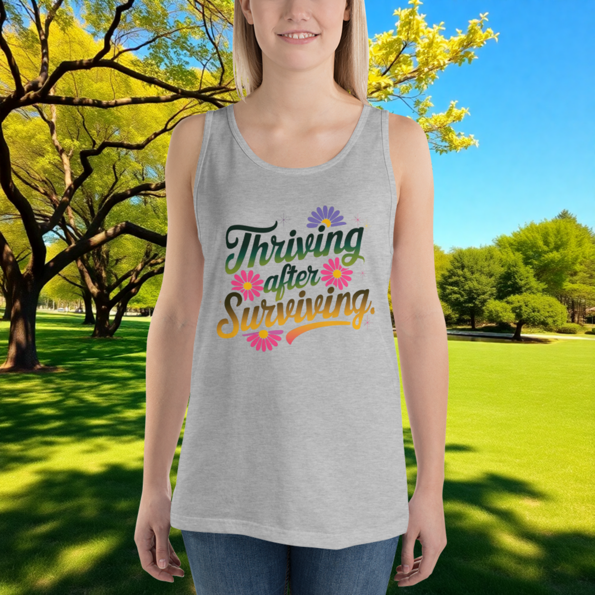 Thriving After Surviving quote unisex tank top for survivors, strength, recovery, and domestic abuse awareness
