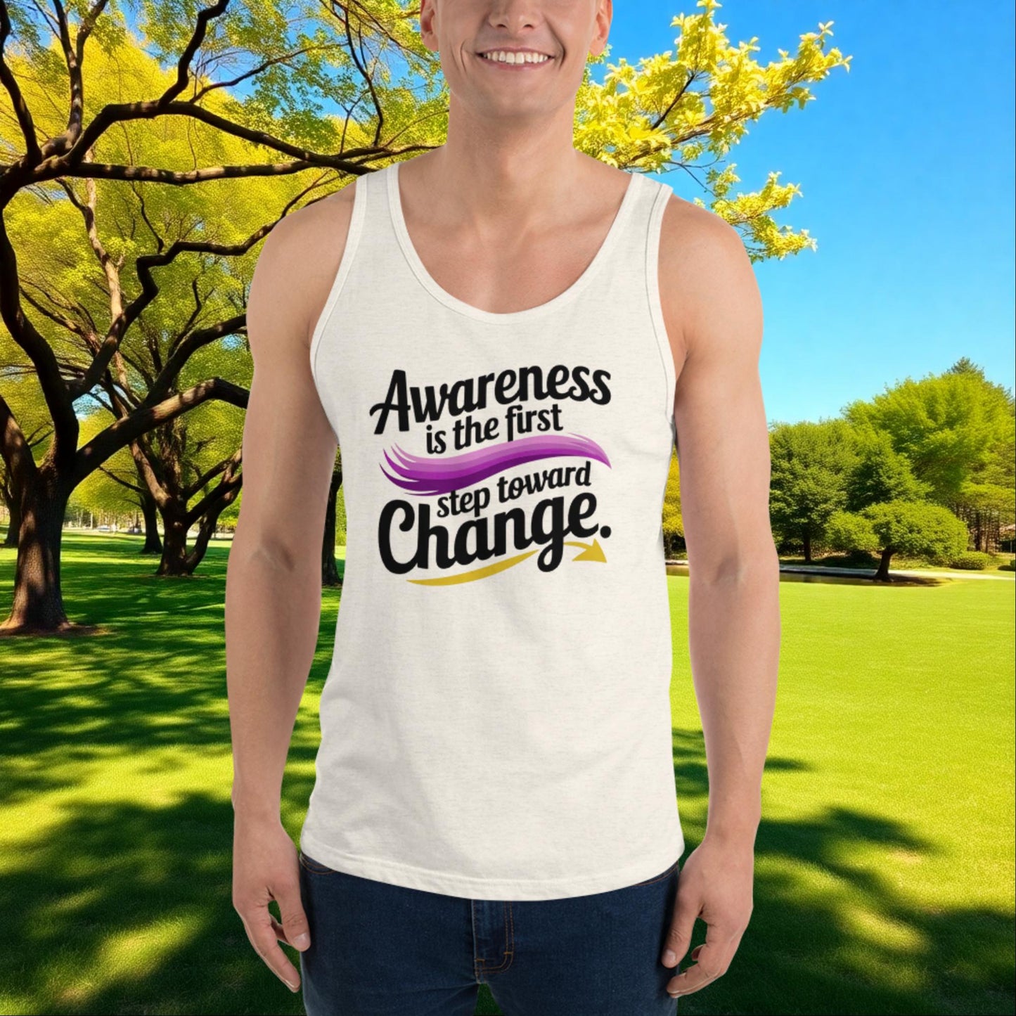Awareness Is the First Step Toward Change unisex tank top, personalized for domestic violence support and survivor empowerment