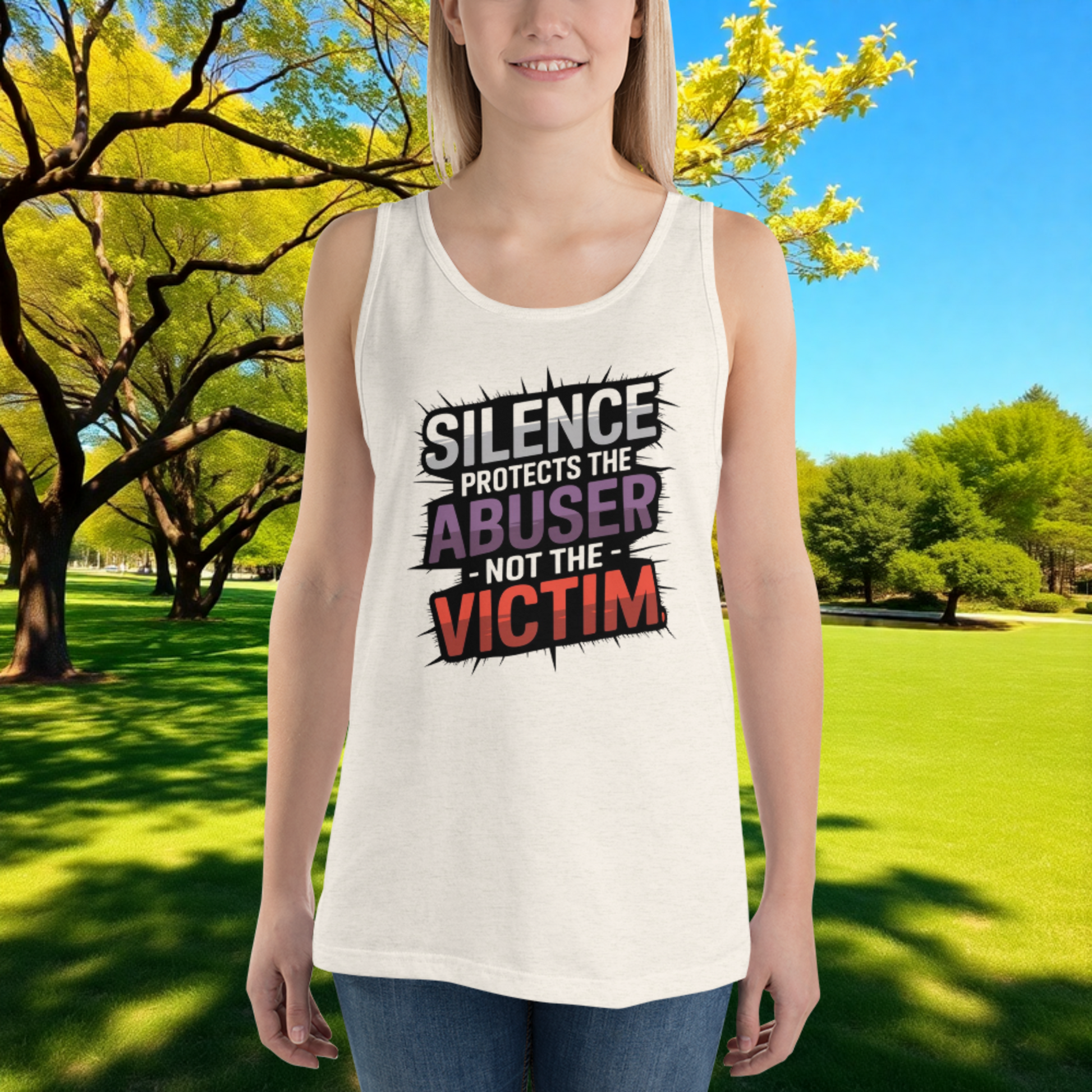 Silence Protects the Abuser, Not the Victim quote unisex tank top, domestic abuse advocacy and survivor support apparel
