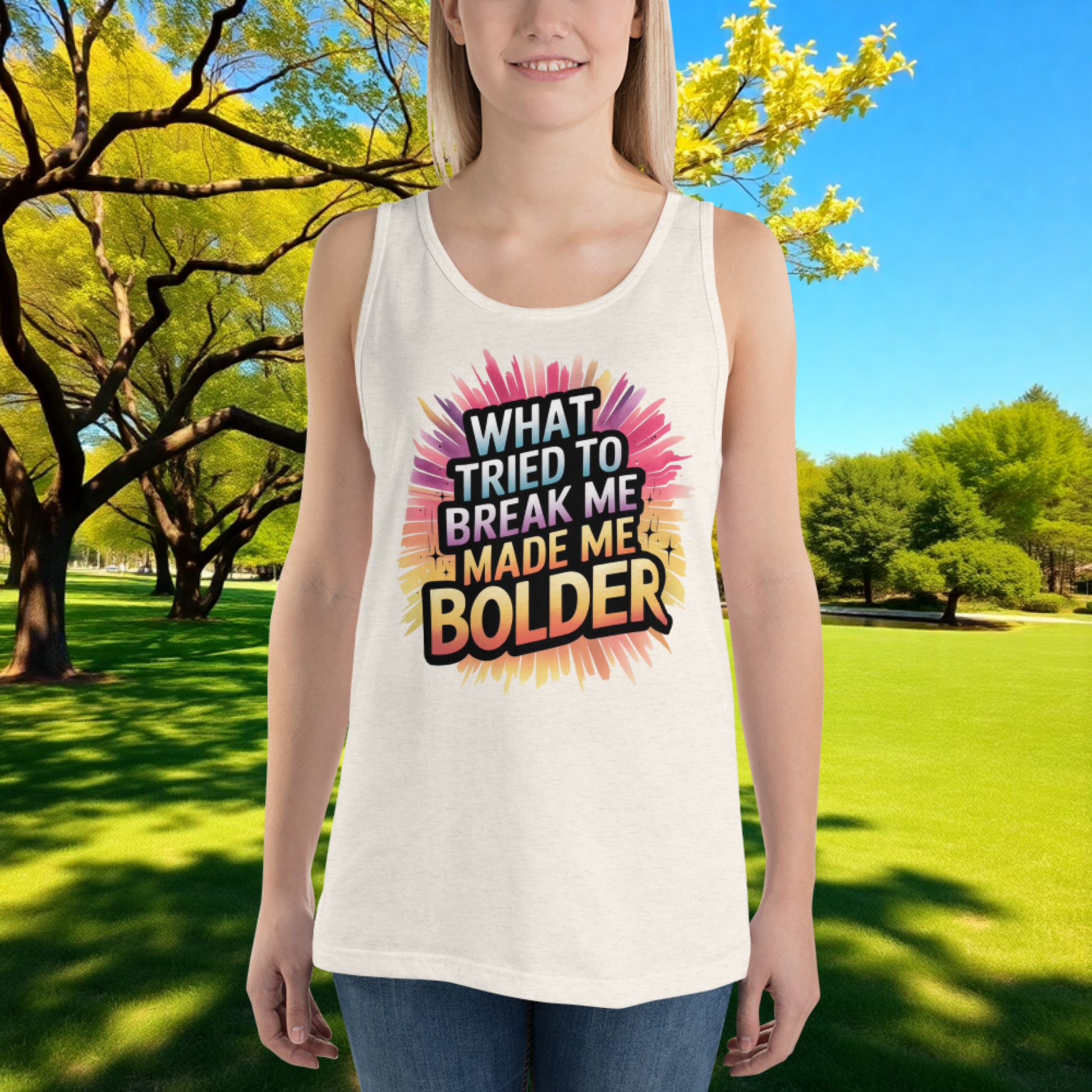 What Tried to Break Me Made Me Bolder quote unisex tank top, survivor resilience, empowerment, and domestic abuse awareness