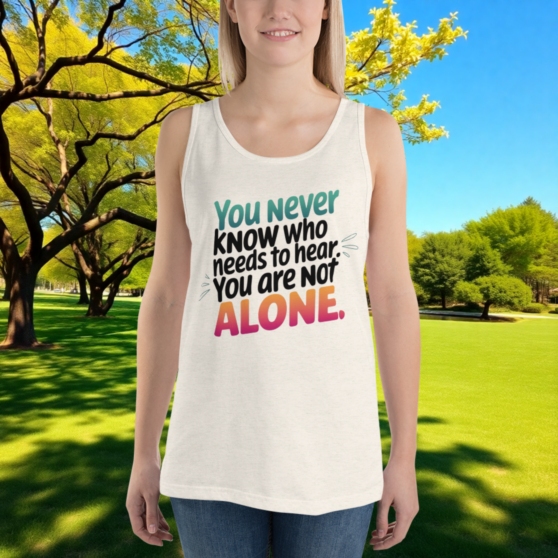 You Are Not Alone quote unisex tank top, domestic violence awareness, survivor support, and empowerment apparel