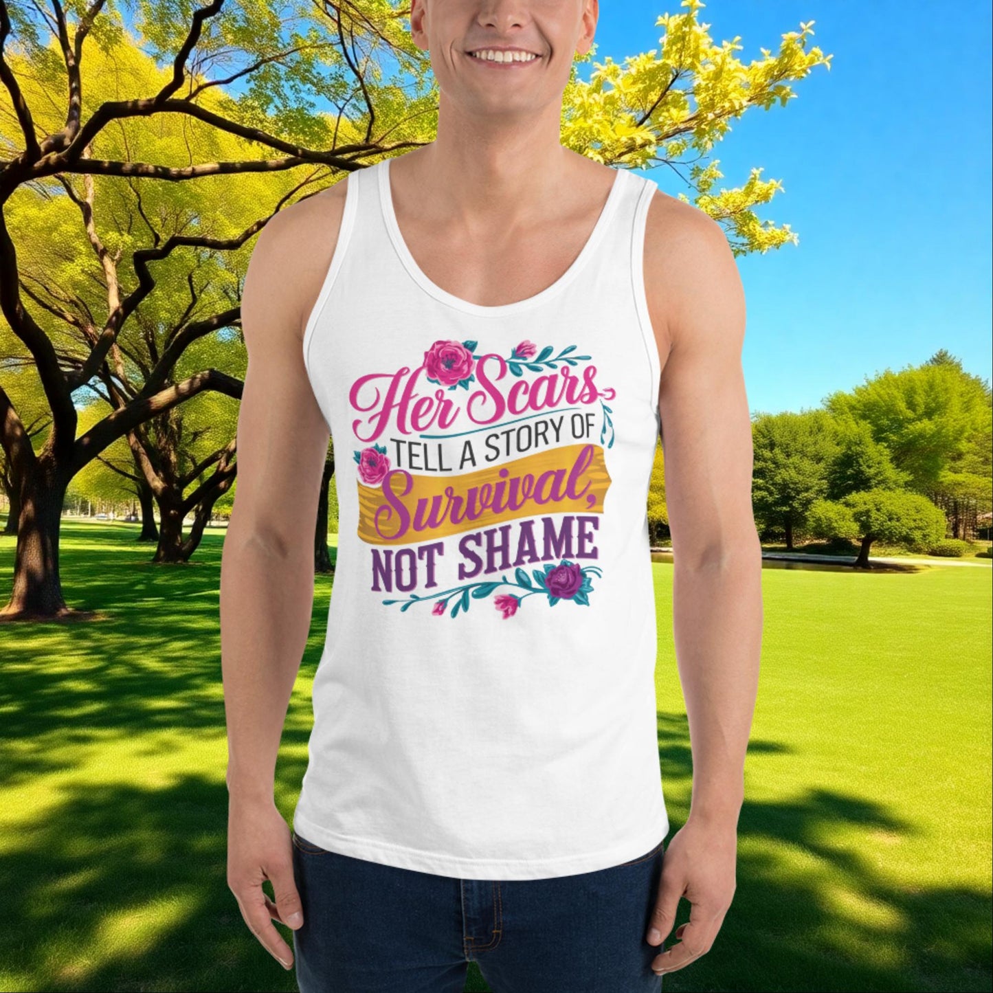 Her Scars Tell a Story of Survival tank top, custom empowerment apparel for domestic violence survivors