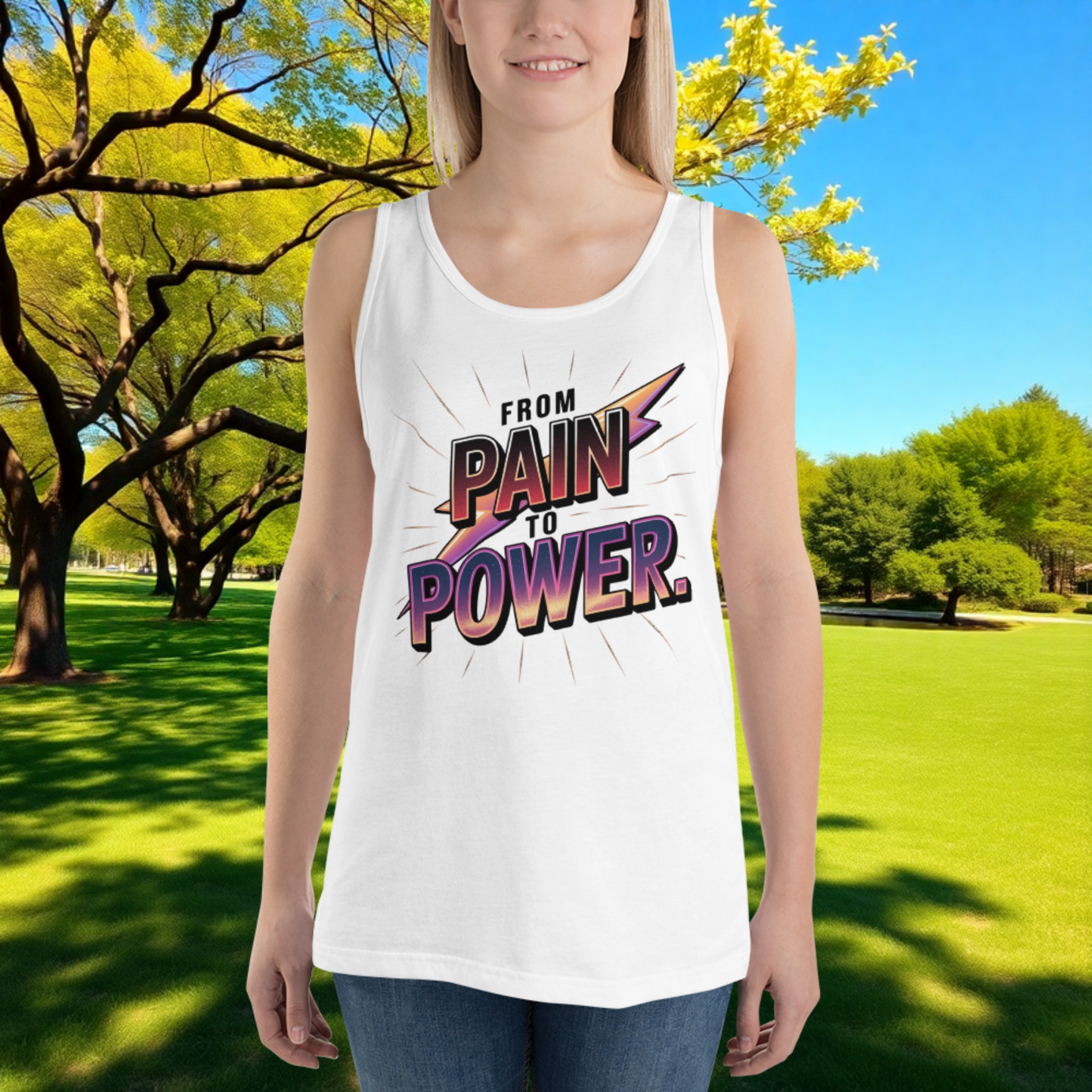 From Pain to Power quote unisex tank top for survivors, healing, strength, empowerment, and domestic violence awareness