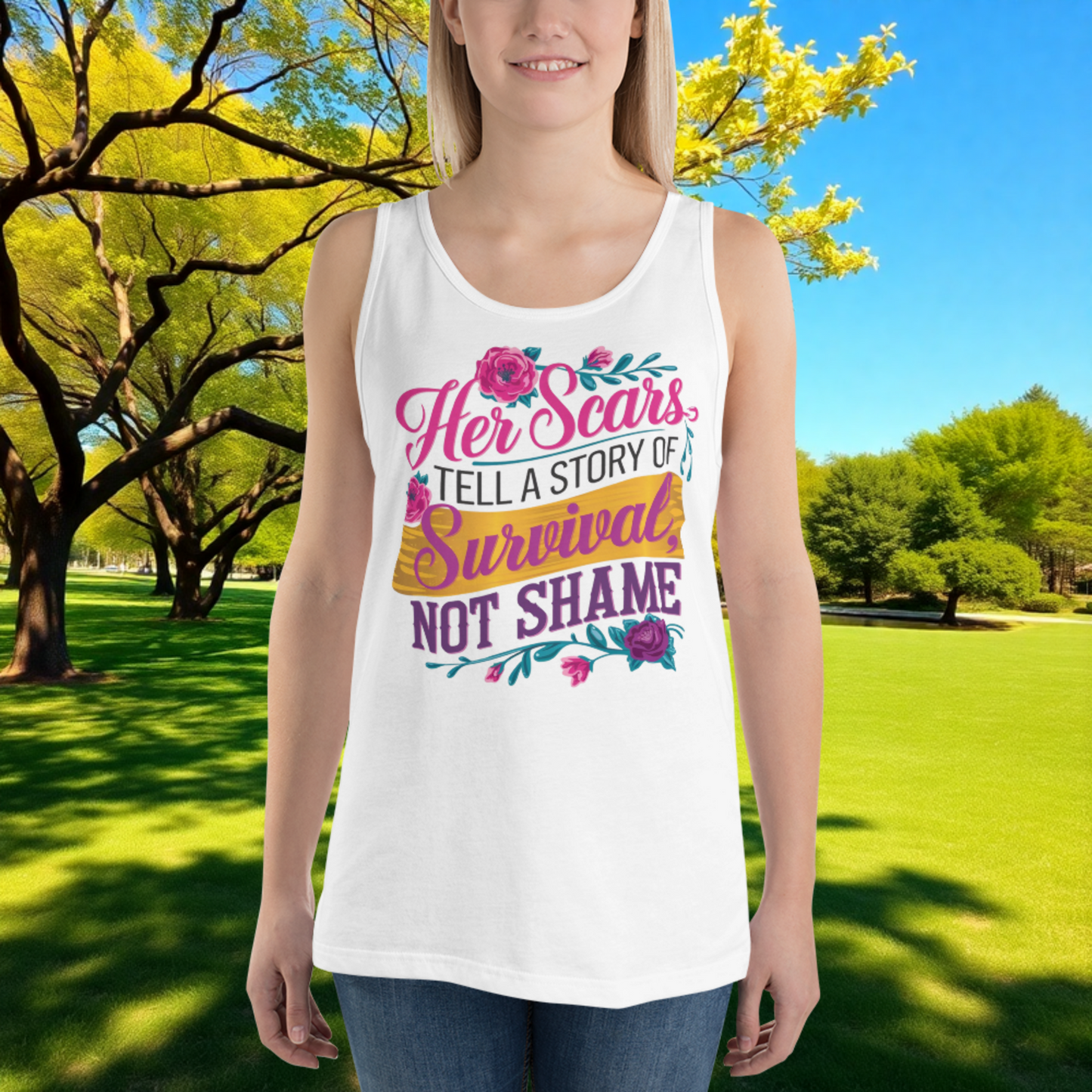Her Scars Tell a Story of Survival quote unisex tank top, domestic violence survivor gift, and empowerment apparel
