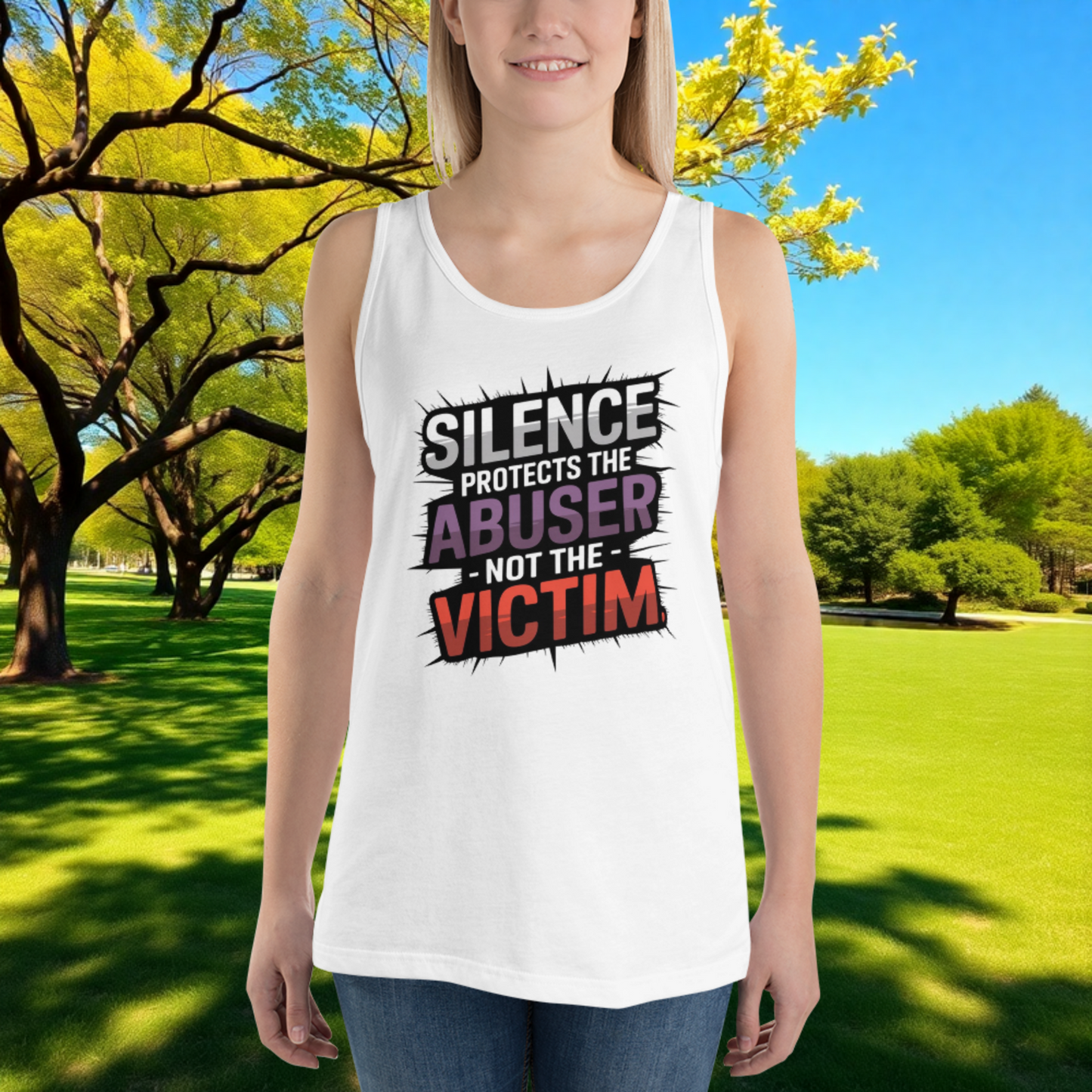 Silence Protects the Abuser, Not the Victim quote unisex tank top, domestic abuse advocacy and survivor support apparel