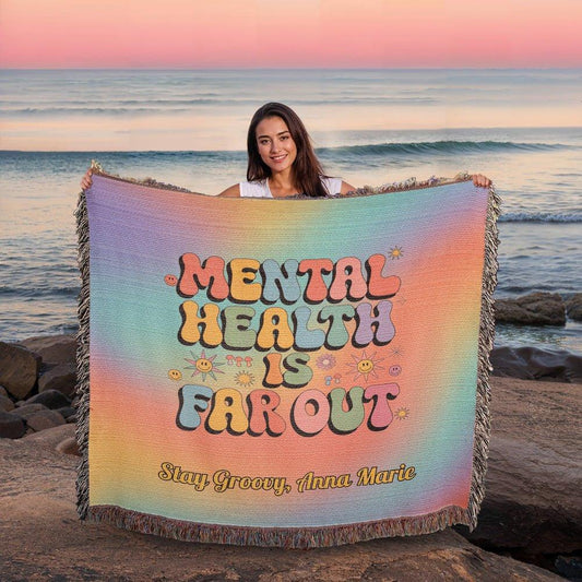 Shop our mental health is far out heirloom woven blanket featuring the 60" x 50" style option from MySisterIsASurvivor.