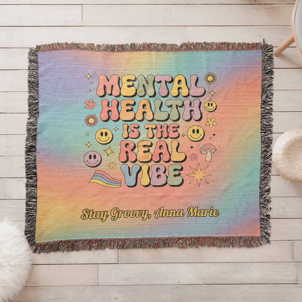 Mental Health Is the Real Vibe Woven Blanket - Personalized Retro Heirloom Throw - MySisterIsASurvivor