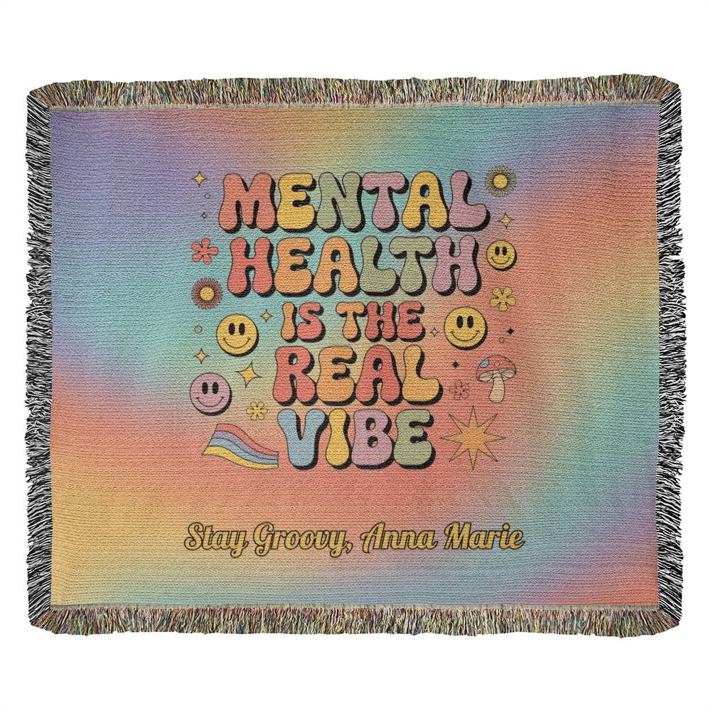 Mental Health Is the Real Vibe Woven Blanket - Personalized Retro Heirloom Throw - MySisterIsASurvivor