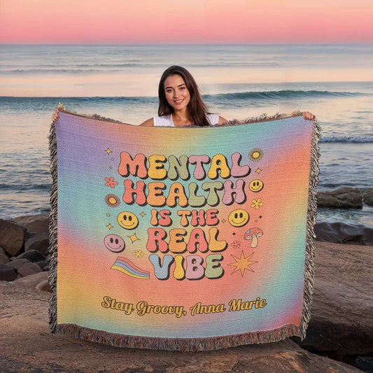 Shop our mental health is the real heirloom woven blanket featuring the 60" x 50" style option from MySisterIsASurvivor.