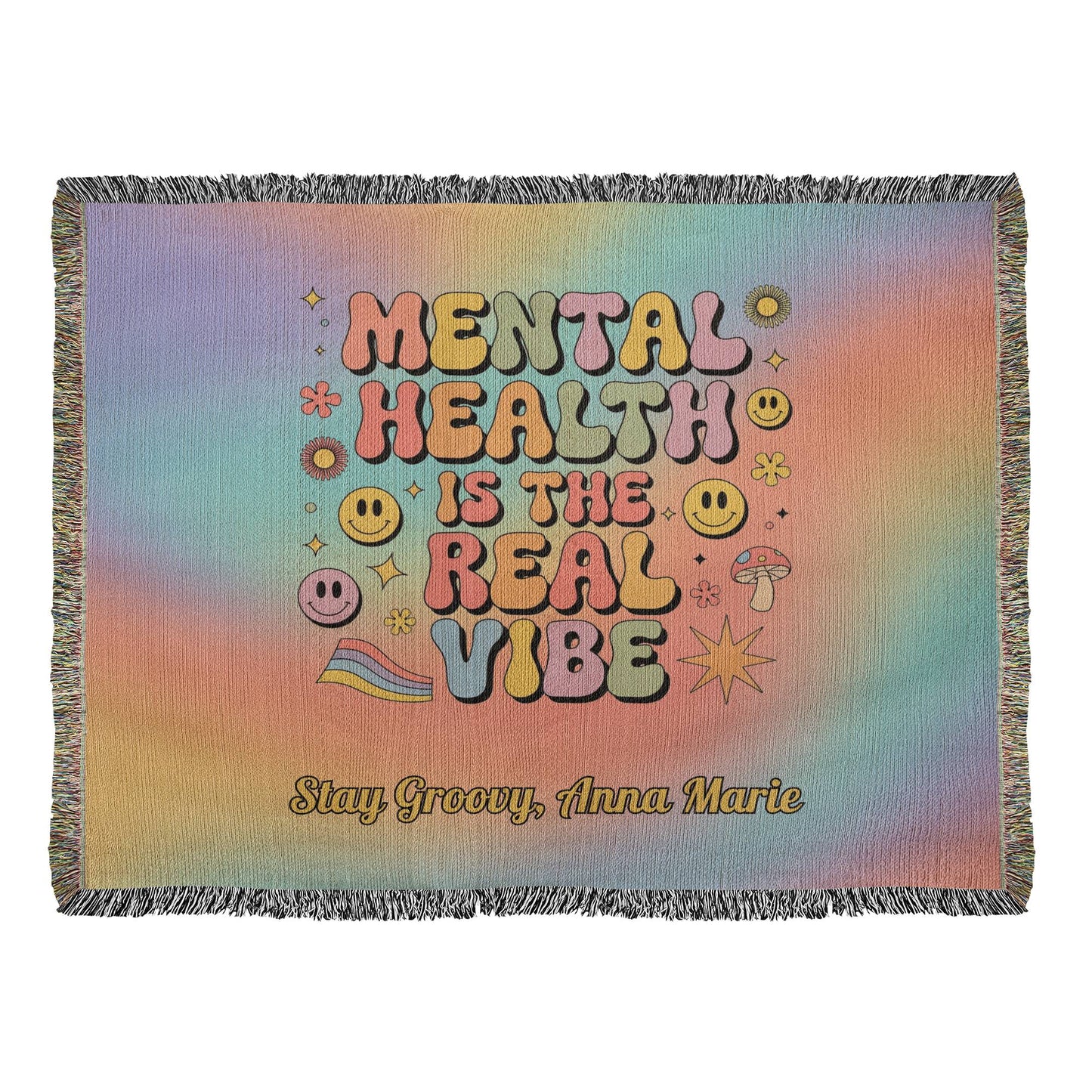 Mental Health Is the Real Vibe Woven Blanket - Personalized Retro Heirloom Throw - MySisterIsASurvivor