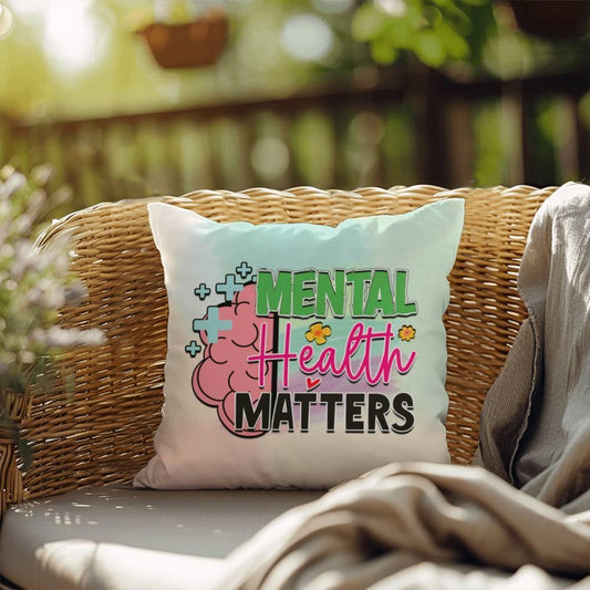 Shop our mental health matters indoor outdoor pillow featuring the 18" x 18" style option from MySisterIsASurvivor.