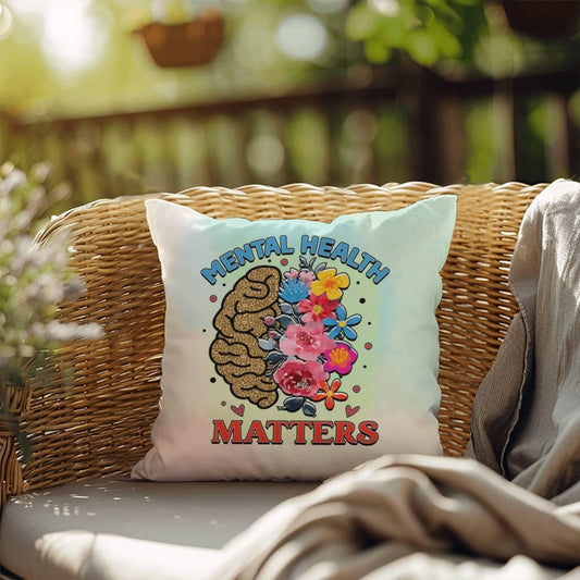 Shop our mental health matters indoor outdoor pillow 1 featuring the 18" x 18" style option from MySisterIsASurvivor.