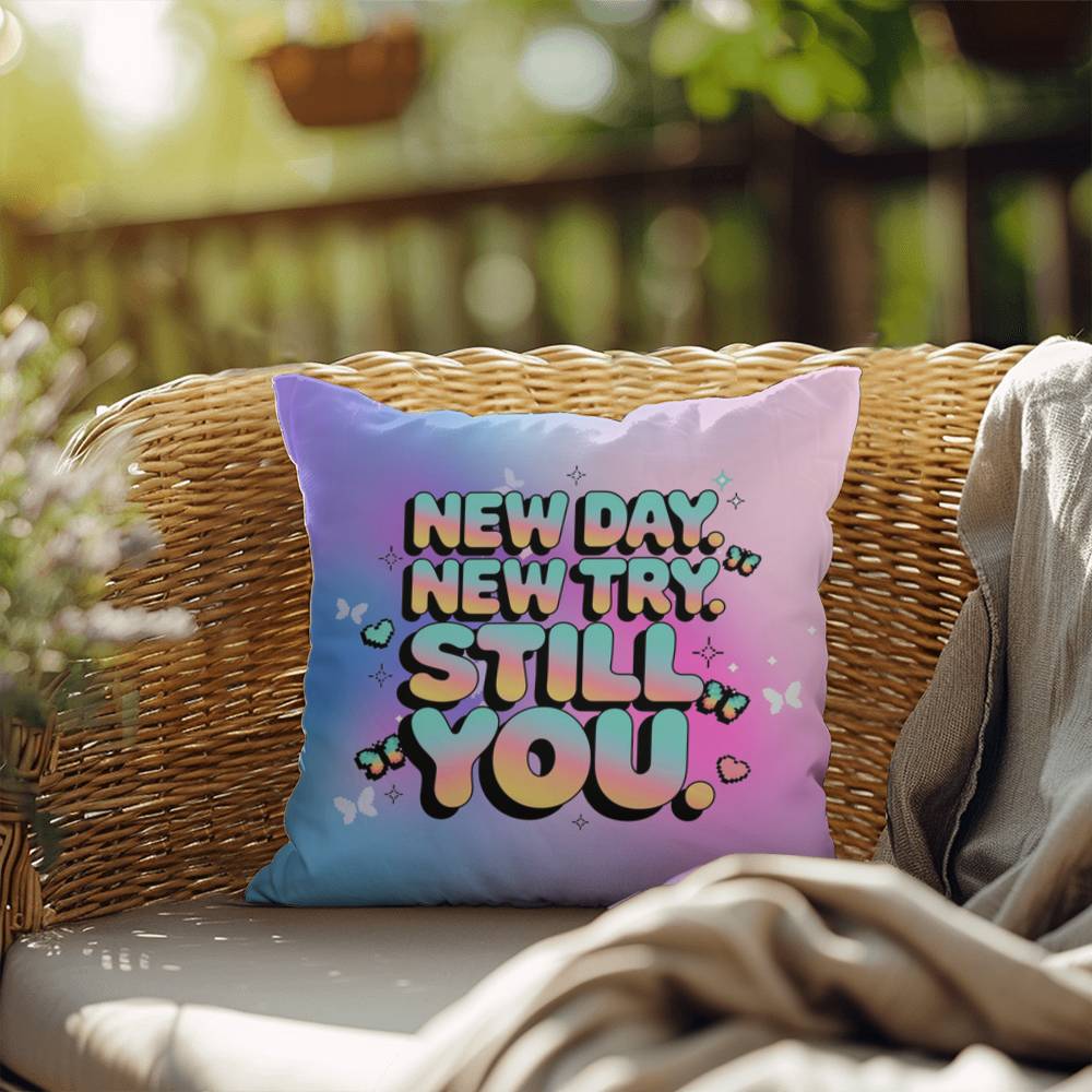 New Day New Try Still You Y2K affirmation pillow custom name mental health gift - MySisterIsASurvivor