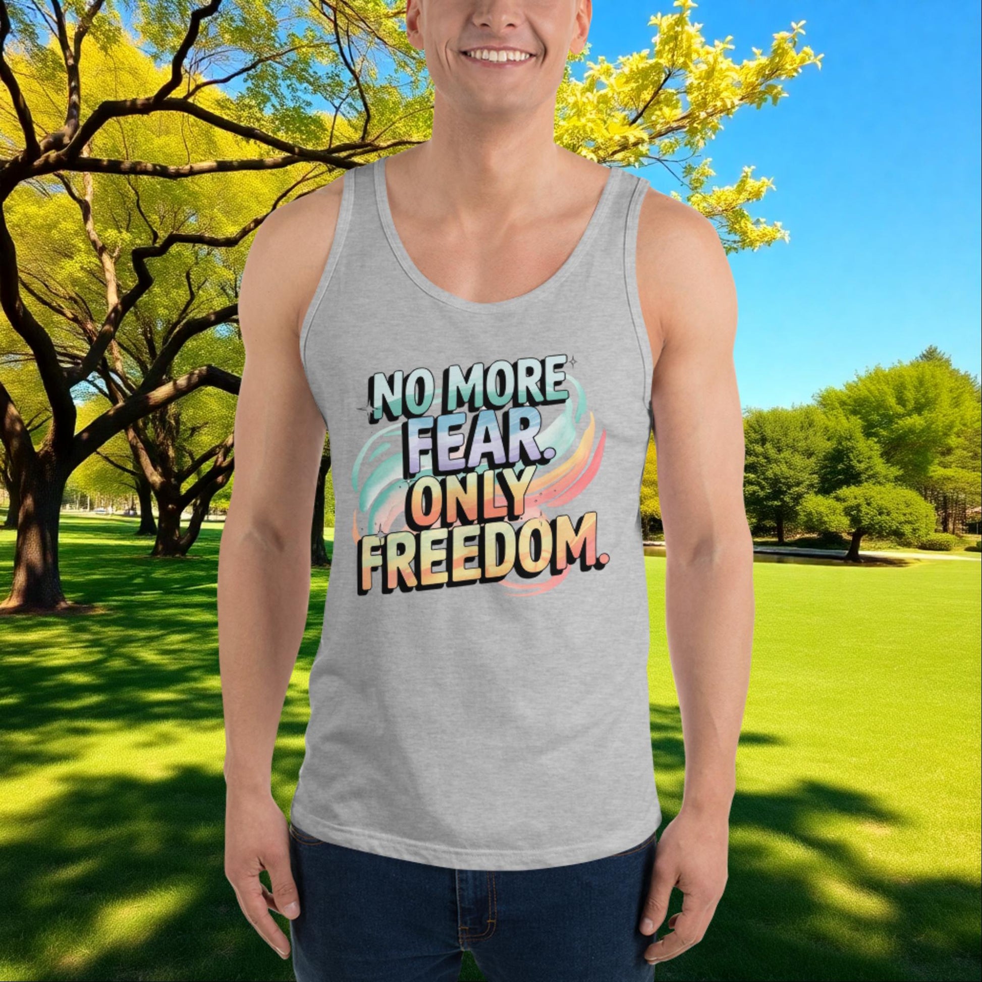 No More Fear, Only Freedom quote unisex tank top, survivor empowerment, abuse recovery, and domestic violence support