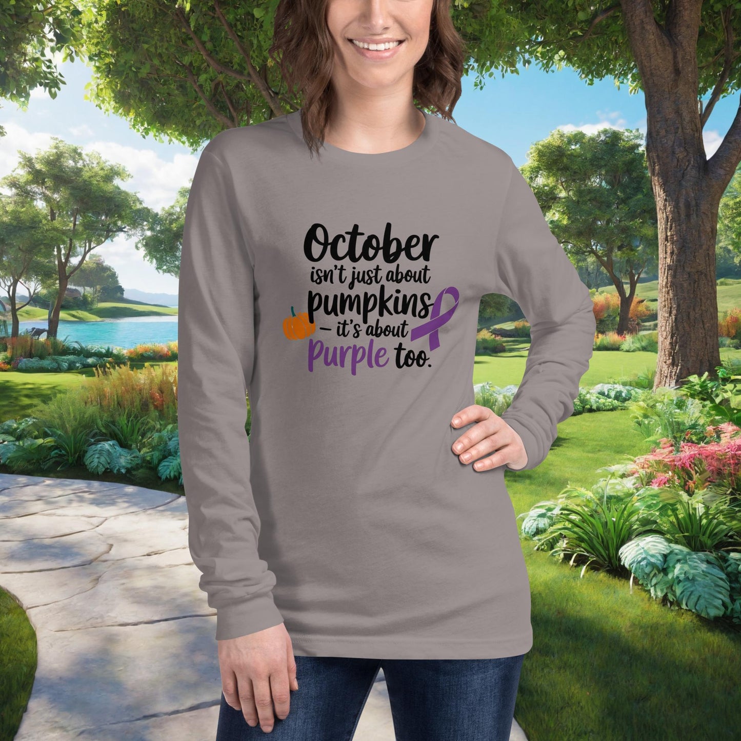 October Isn't Just About Pumpkin Unisex Long Sleeve T-Shirt, Personalized Domestic Violence Awareness Month Apparel, Support Gift - MySisterIsASurvivor