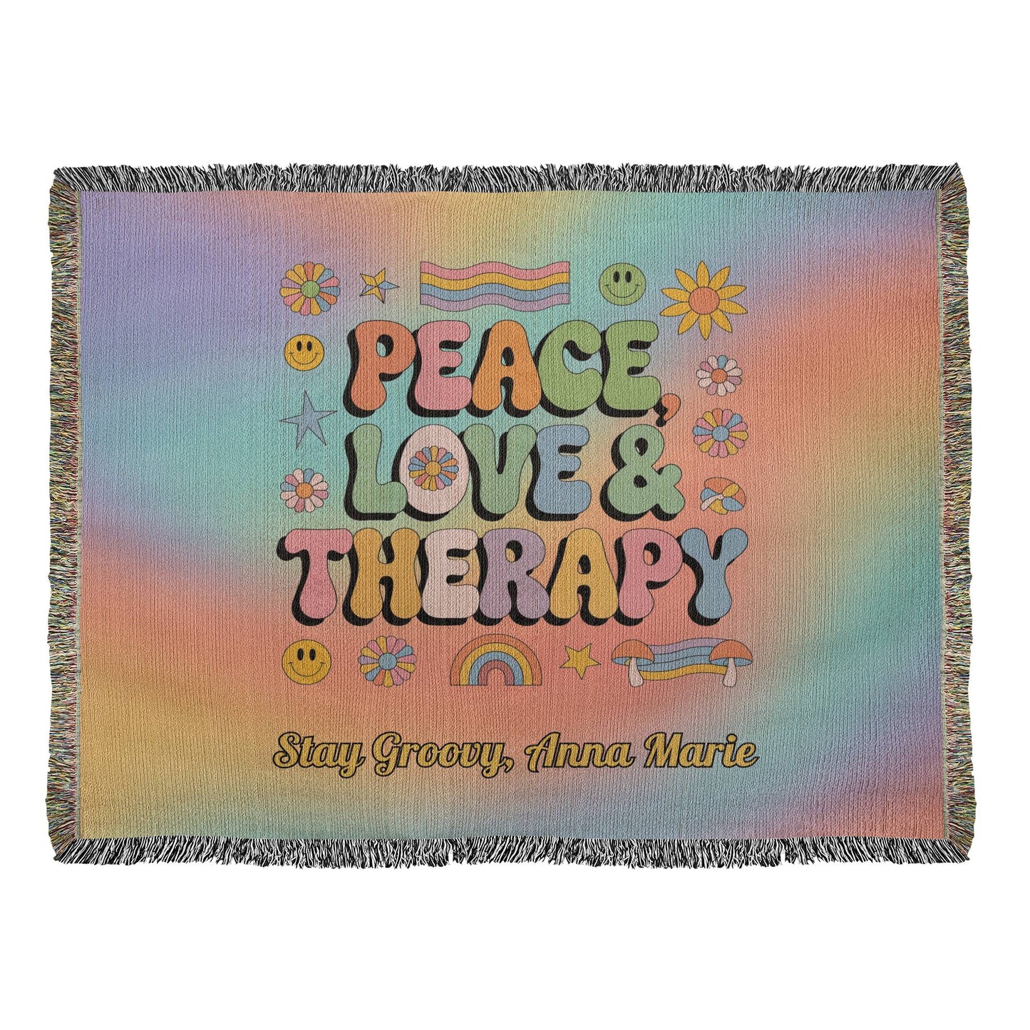 Peace, Love & Therapy Custom Retro Blanket - Personalized Mental Health Throw - MySisterIsASurvivor
