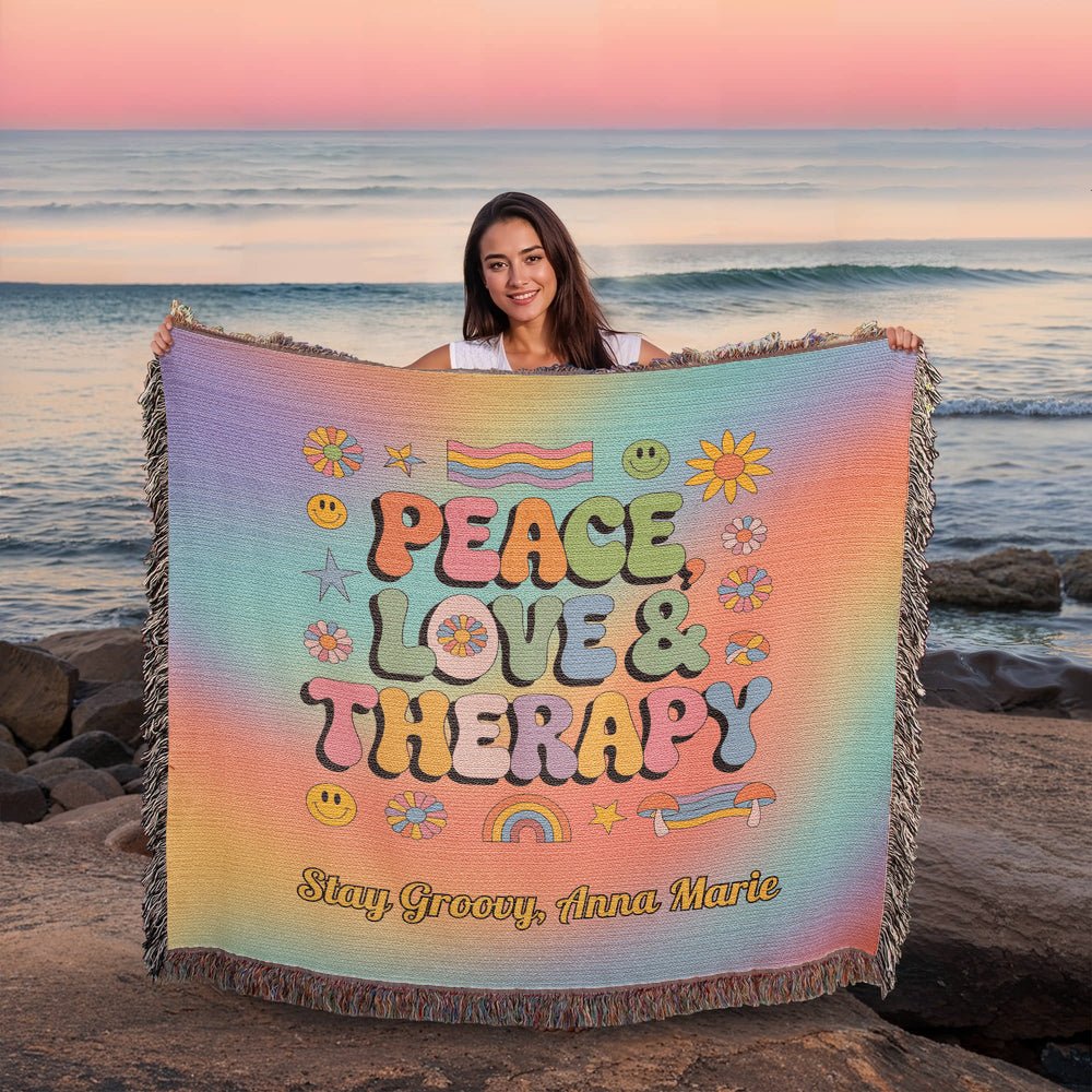 Peace, Love & Therapy Custom Retro Blanket - Personalized Mental Health Throw - MySisterIsASurvivor