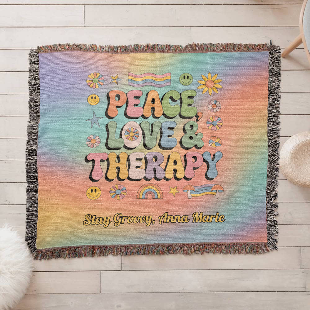 Peace, Love & Therapy Custom Retro Blanket - Personalized Mental Health Throw - MySisterIsASurvivor
