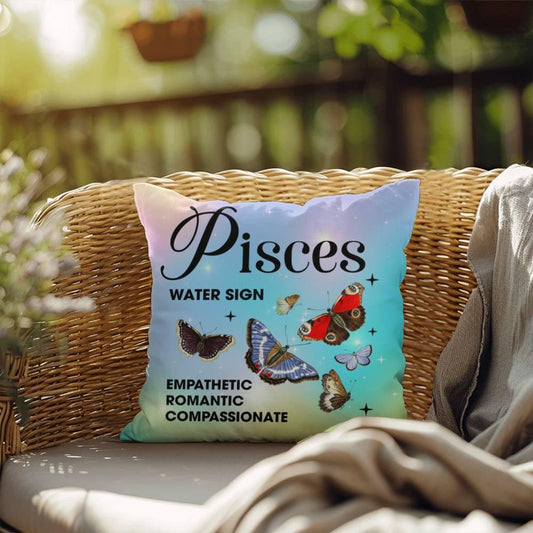 Shop our pisces butterfly indoor outdoor pillow featuring the 18" x 18" style option from MySisterIsASurvivor.