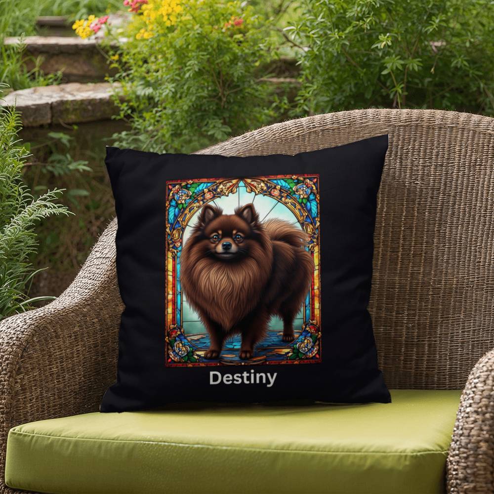 Chocolate Pomeranian Pillow, custom stained glass décor for indoor/outdoor dog lovers