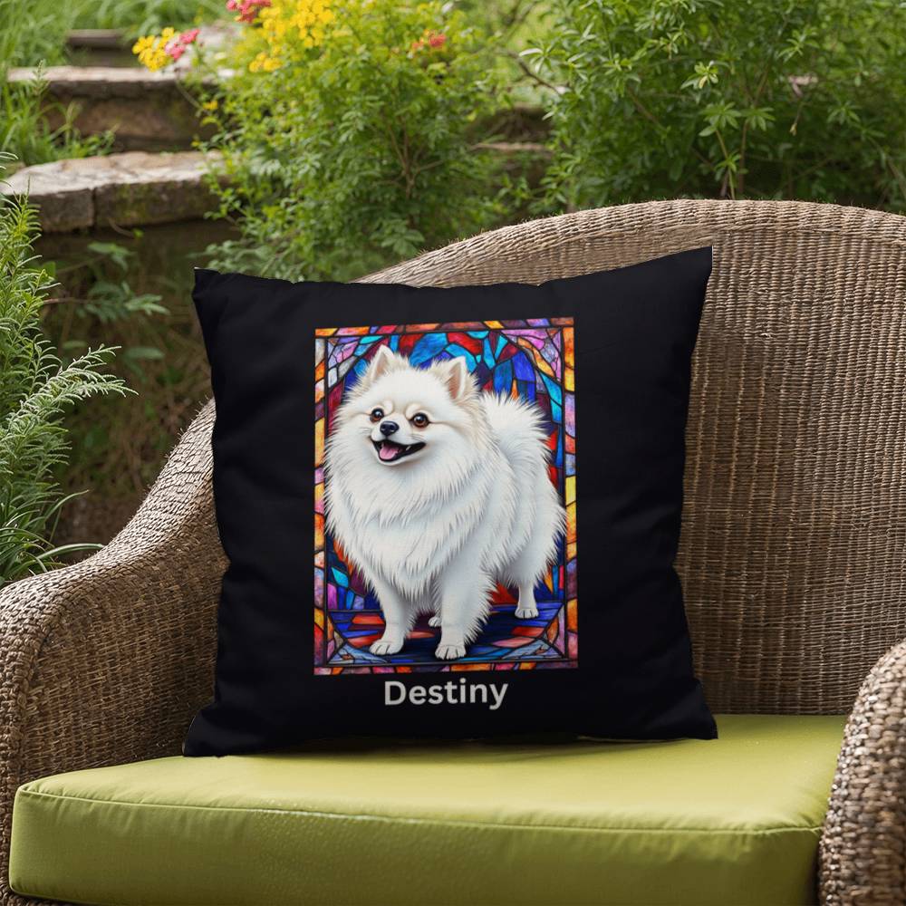 White Pomeranian Pillow, personalized stained glass art for indoor/outdoor dog décor