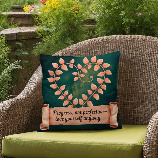 Shop our progress not perfection self care pillow featuring the 18" x 18" style option from MySisterIsASurvivor.