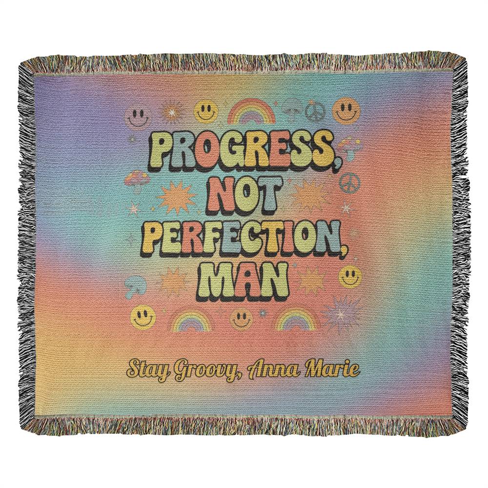 Progress Not Perfection Man Woven Blanket - Retro Mental Health Throw - MySisterIsASurvivor