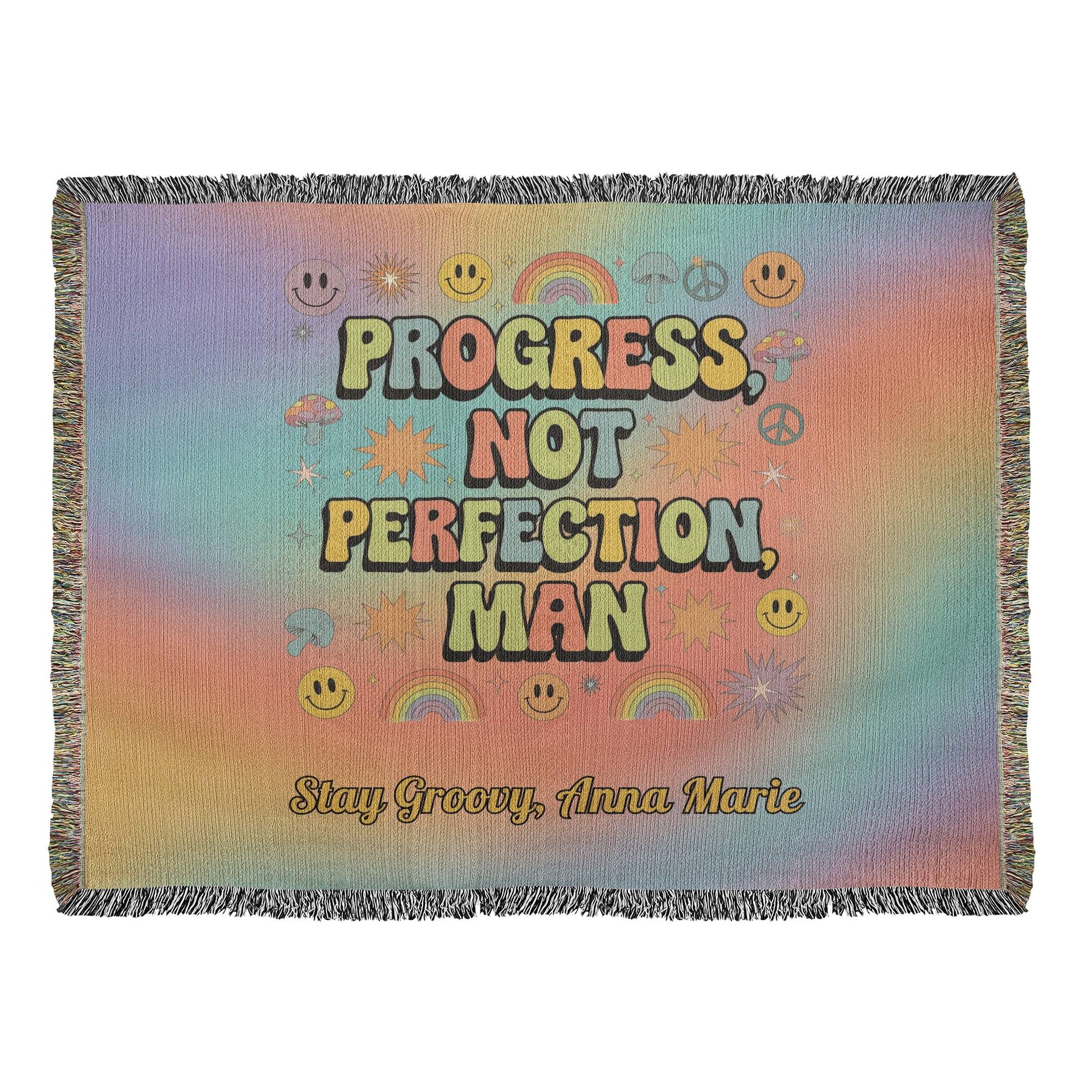 Progress Not Perfection Man Woven Blanket - Retro Mental Health Throw - MySisterIsASurvivor