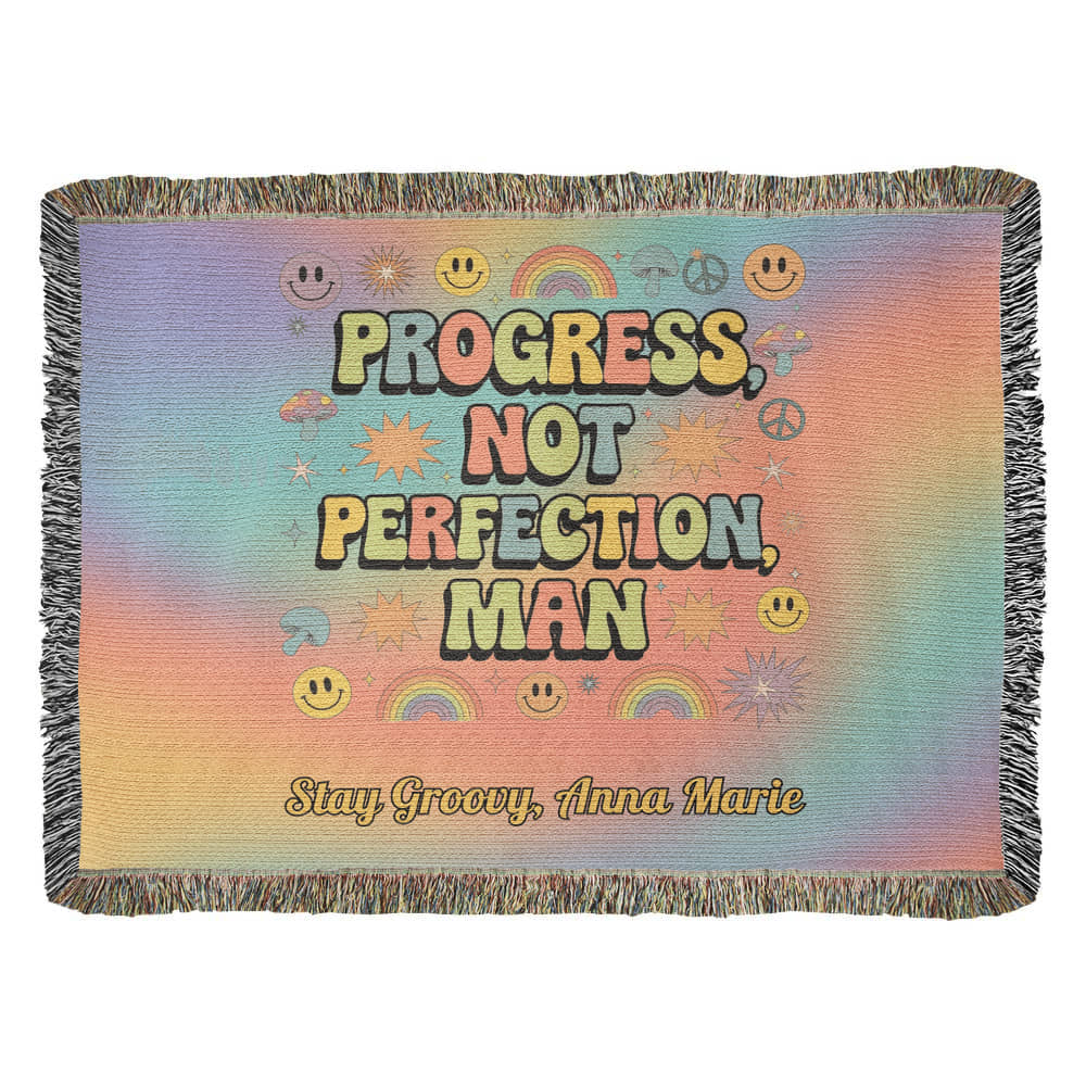Progress Not Perfection Man Woven Blanket - Retro Mental Health Throw - MySisterIsASurvivor