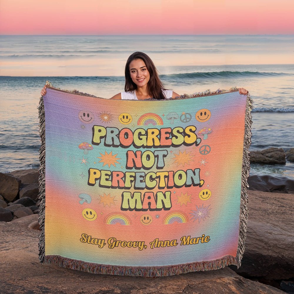Progress Not Perfection Man Woven Blanket - Retro Mental Health Throw - MySisterIsASurvivor