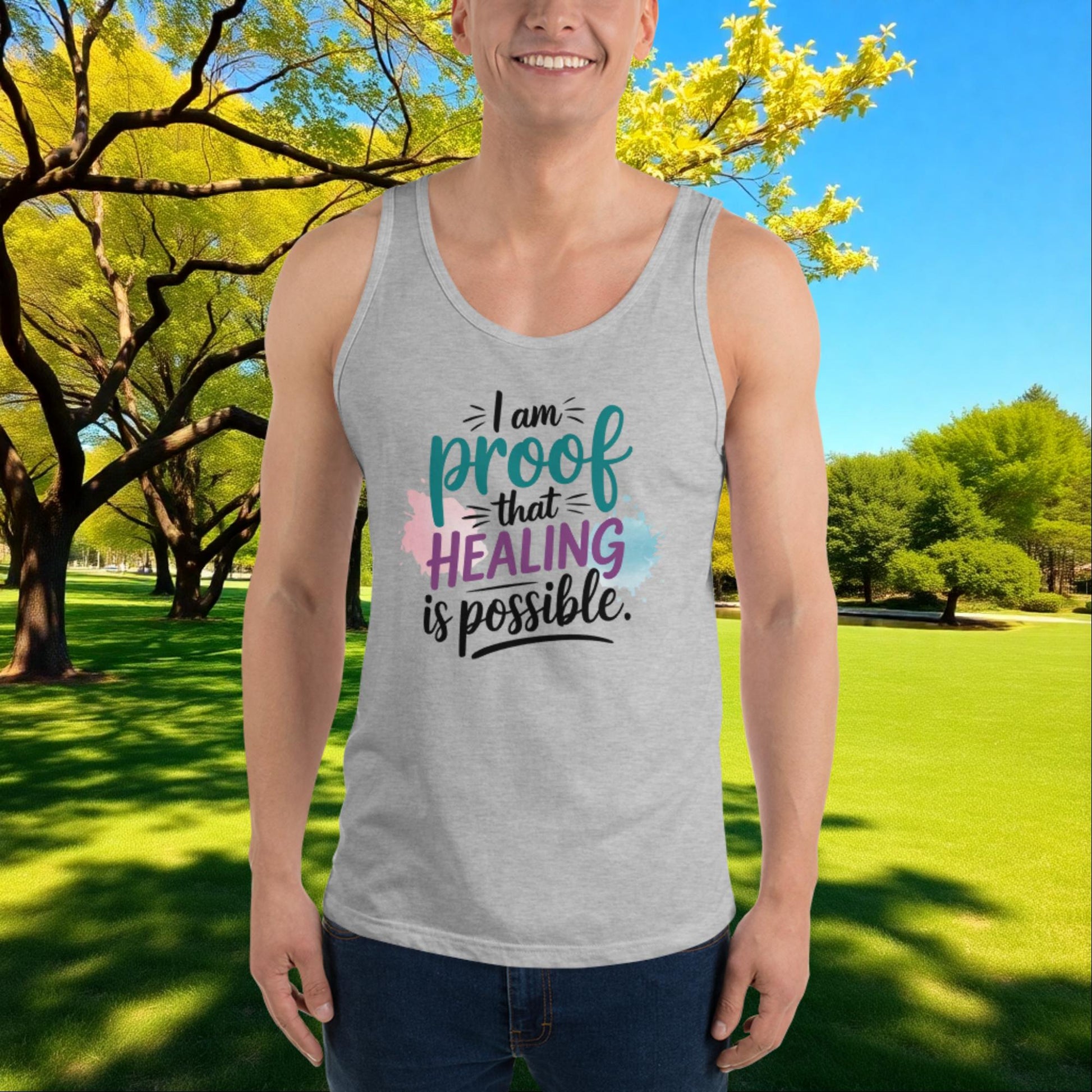 Proof That Healing Is Possible quote unisex tank top, survivor strength, domestic abuse awareness, and empowerment