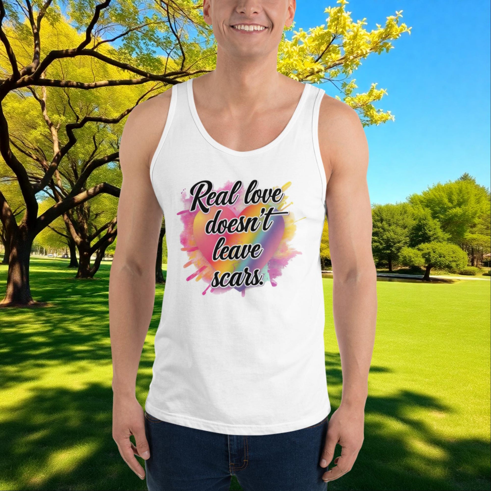 Real Love Doesn't Leave Scars quote unisex tank top, survivor empowerment, domestic abuse awareness, and support gift