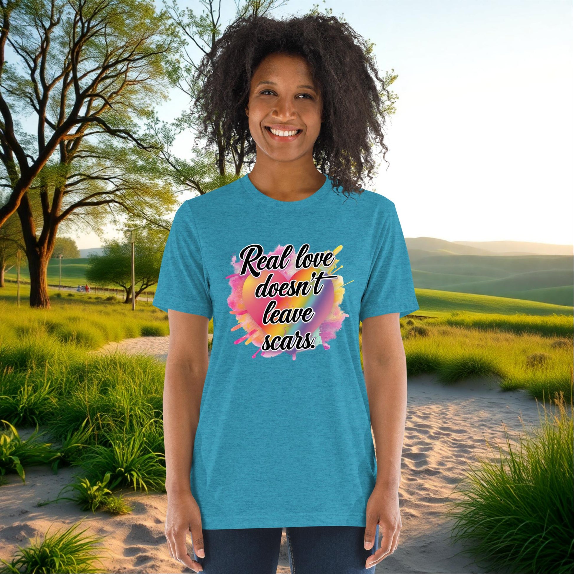 Real Love Doesn’t Leave Scars on Unisex Tri-Blend T-Shirt, survivor support, empowerment, domestic abuse awareness