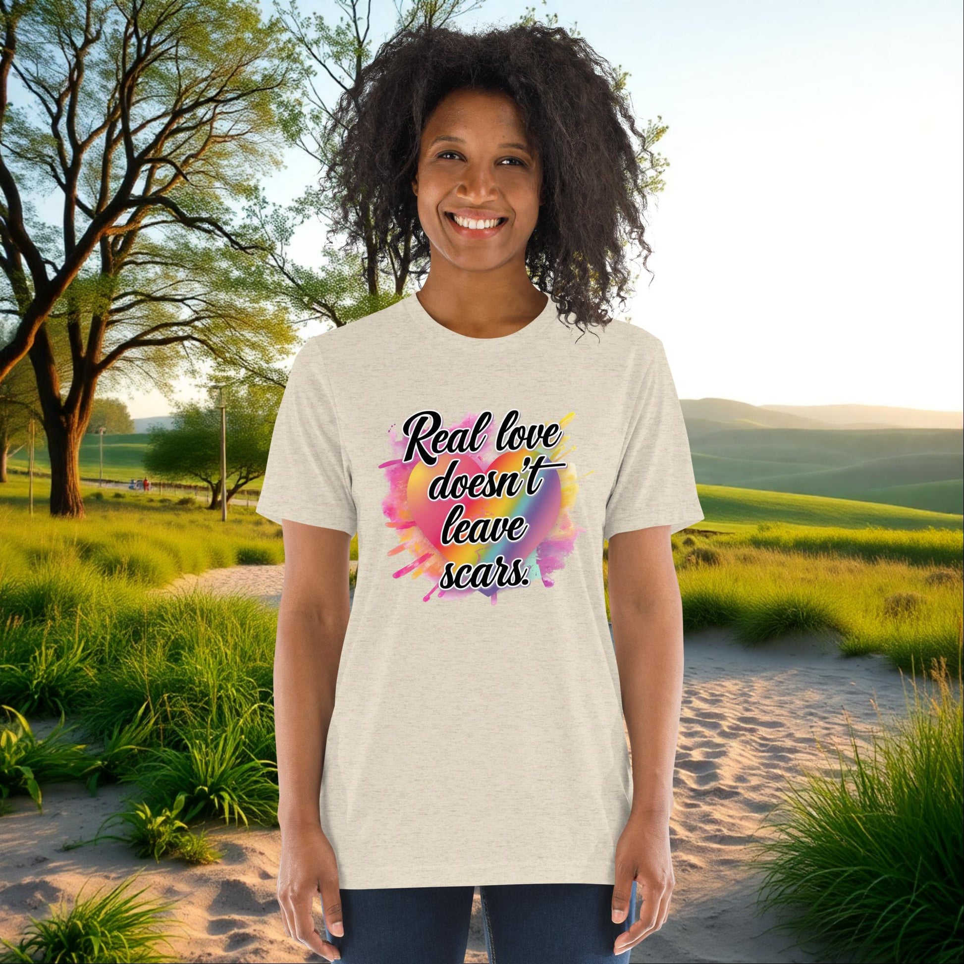 Real Love Doesn’t Leave Scars on Unisex Tri-Blend T-Shirt, survivor support, empowerment, domestic abuse awareness