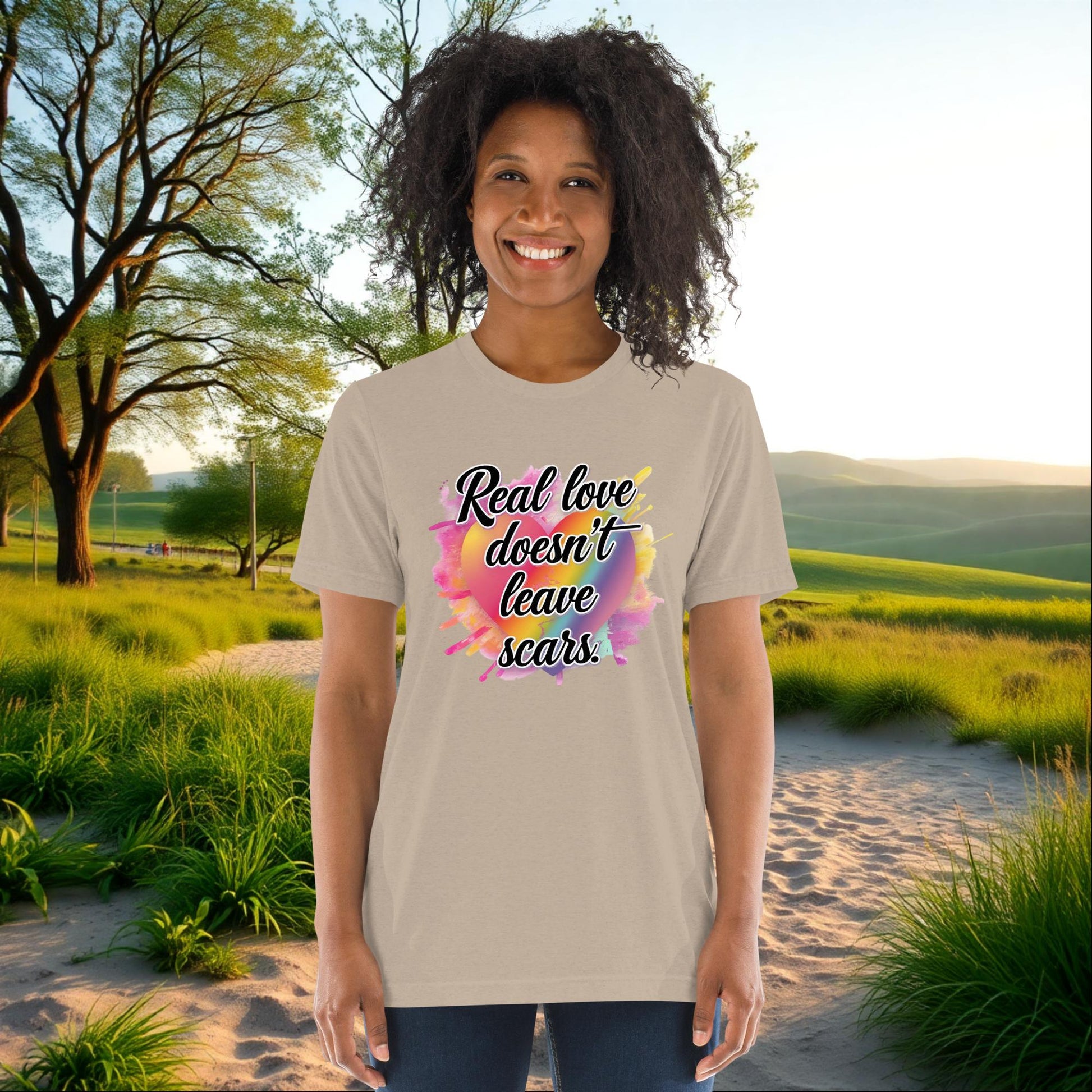 Real Love Doesn’t Leave Scars on Unisex Tri-Blend T-Shirt, survivor support, empowerment, domestic abuse awareness