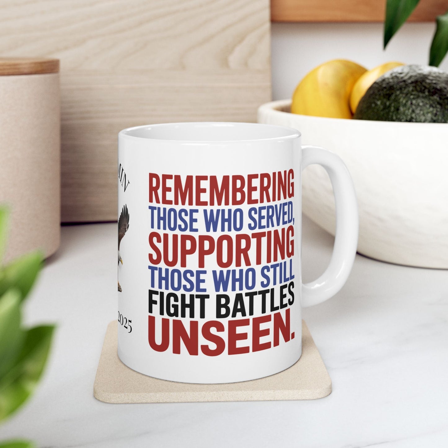 Custom Memorial Day mug with Remembering Those Who Served - PTSD support, military tribute