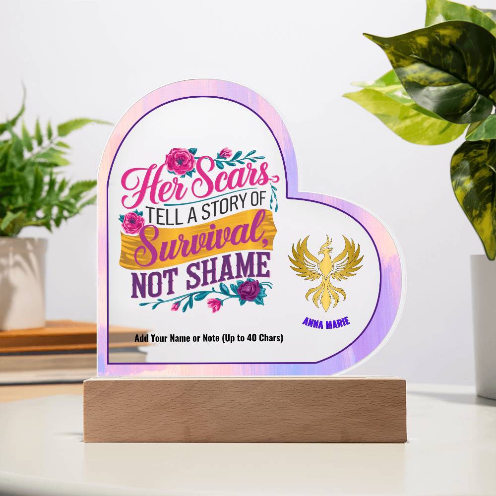 Her Scars Tell a Story of Survival Not Shame 7" Personalized Acrylic Heart Plaque for Abuse Survivor Support