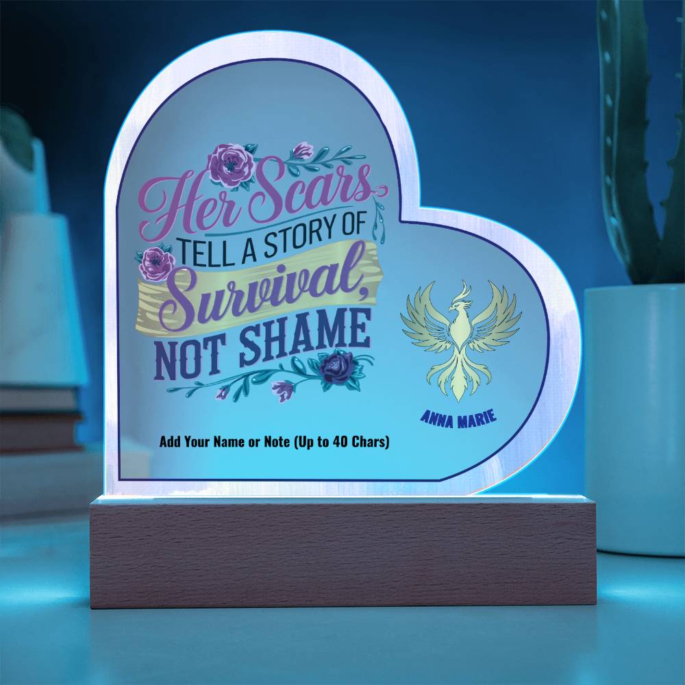 Her Scars Tell a Story of Survival Not Shame 7" Personalized Acrylic Heart Plaque for Abuse Survivor Support