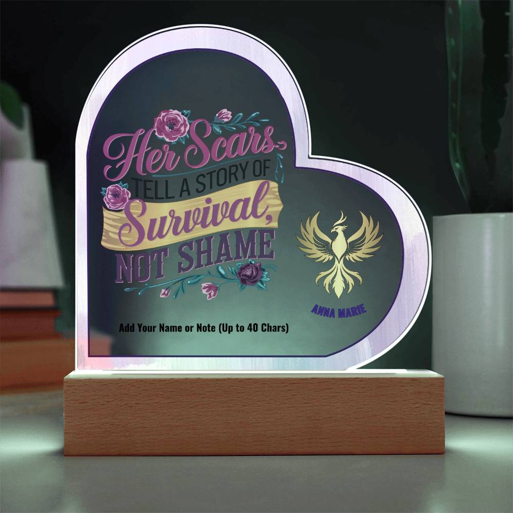 Her Scars Tell a Story of Survival Not Shame 7" Personalized Acrylic Heart Plaque for Abuse Survivor Support