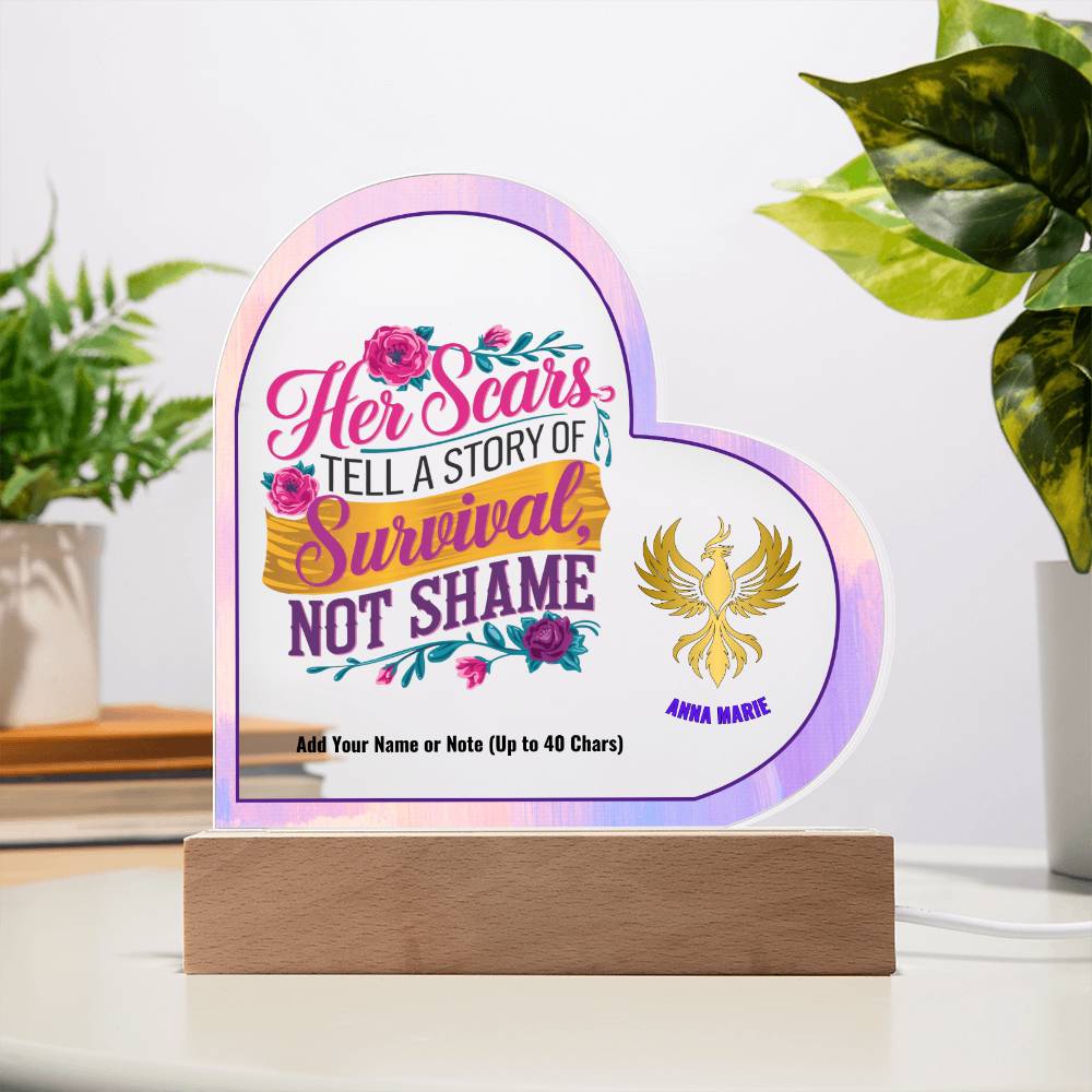 Her Scars Tell a Story of Survival Not Shame 7" Personalized Acrylic Heart Plaque for Abuse Survivor Support