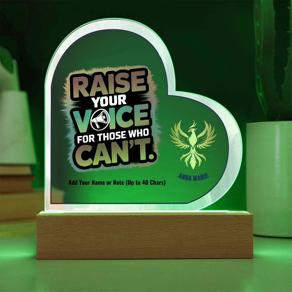 Raise Your Voice for Those Who Can’t 7" Personalized Acrylic Heart Plaque for Advocacy and Survivor Support