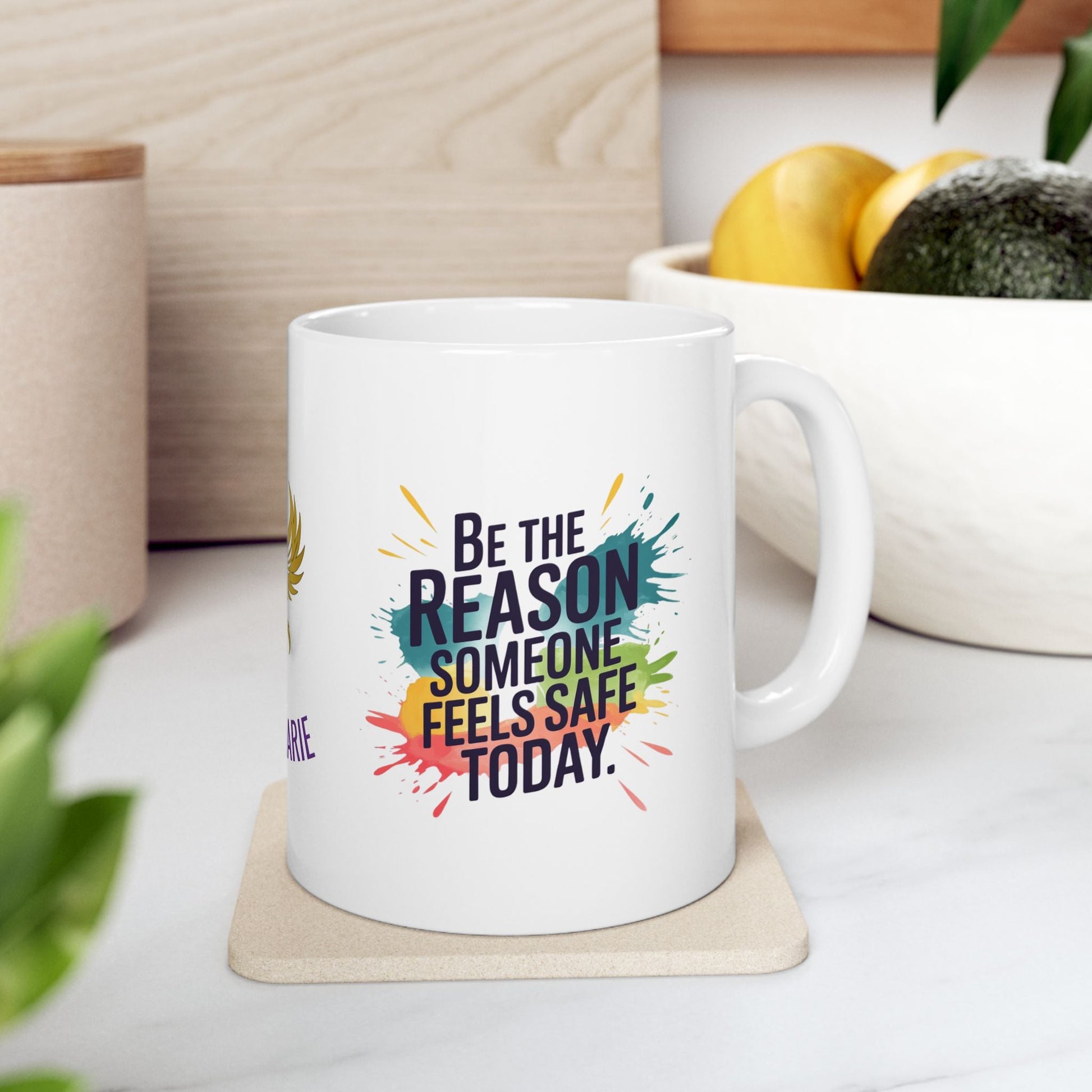 Personalized mug promoting safety and support for victims.