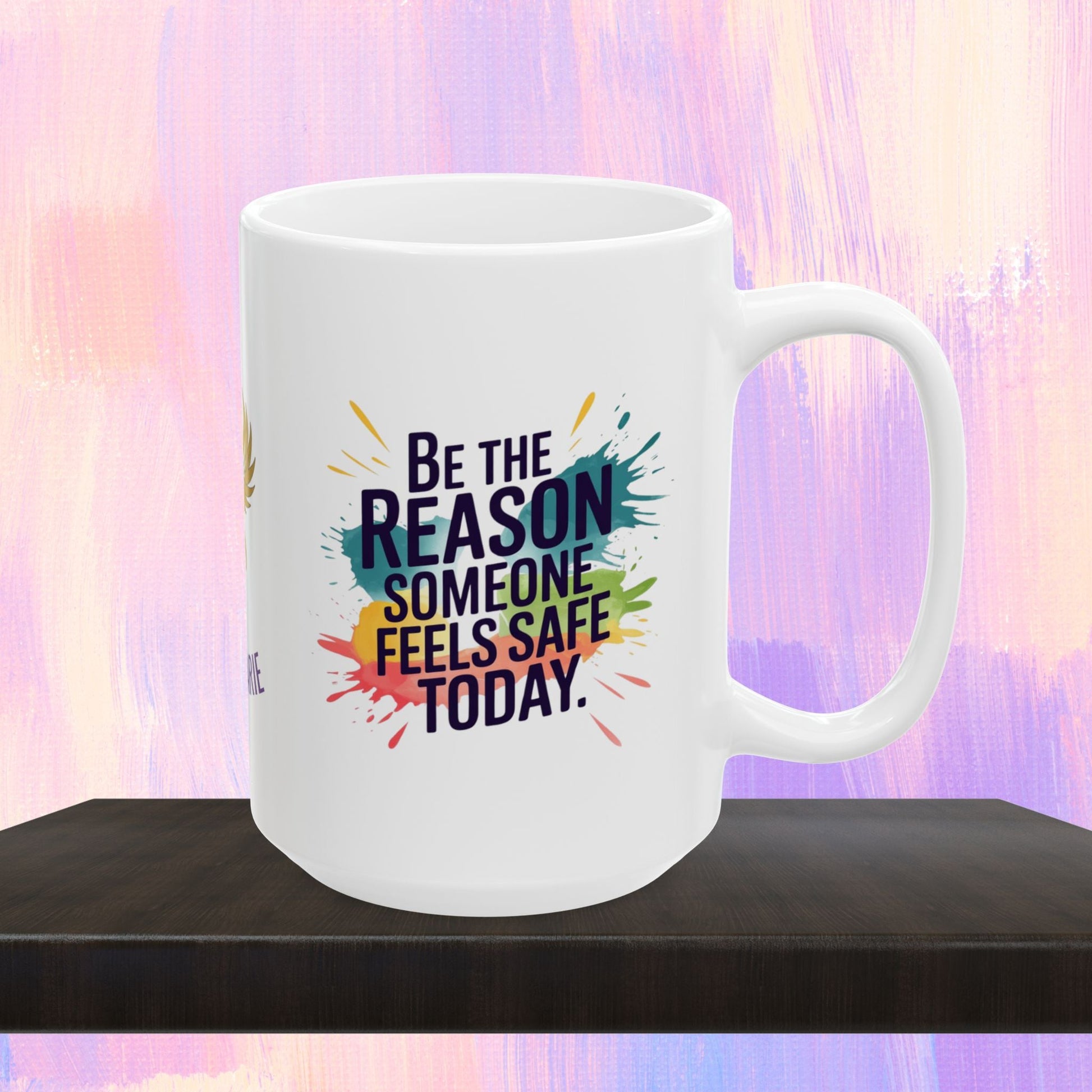 Personalized mug promoting safety and support for victims.