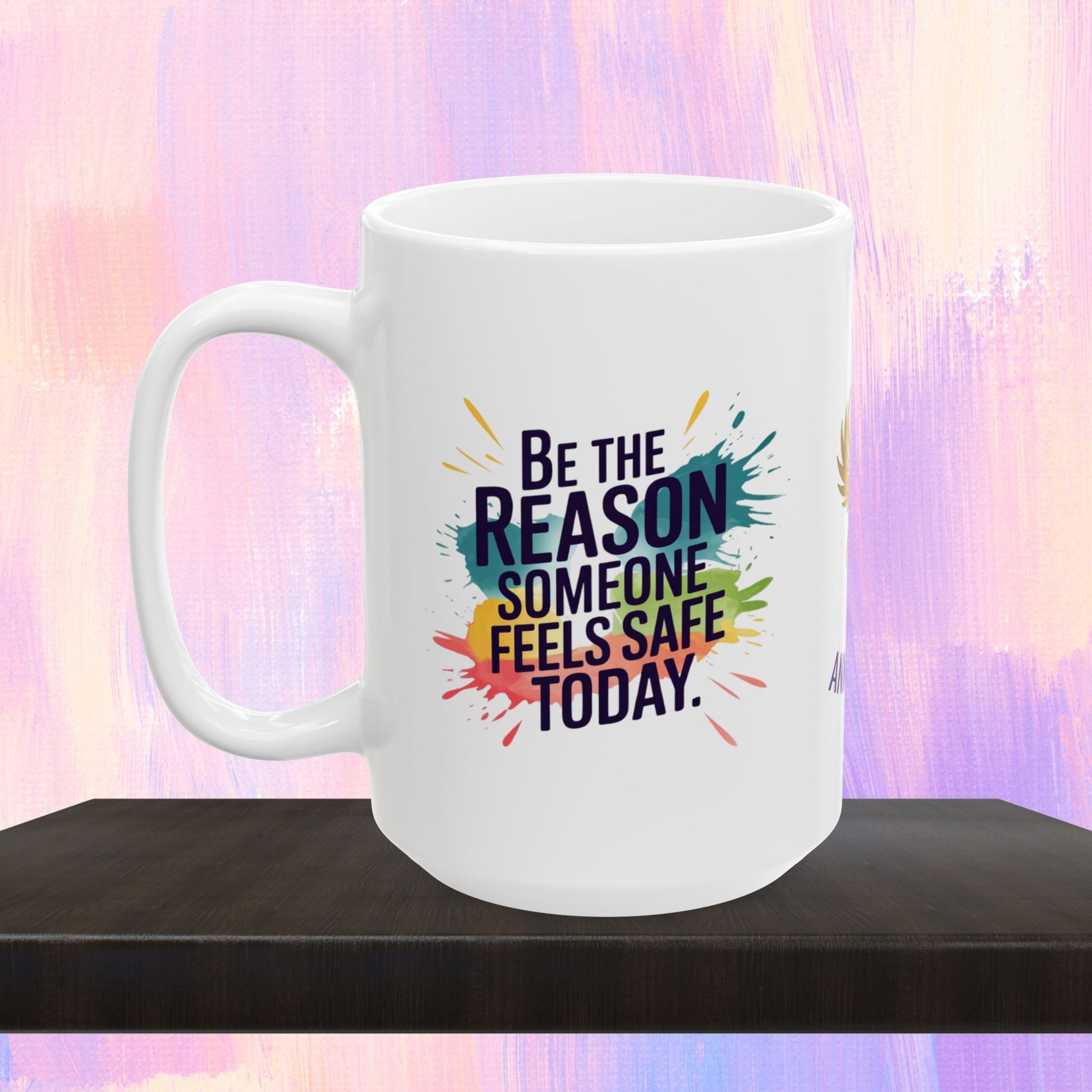 Personalized mug promoting safety and support for victims.