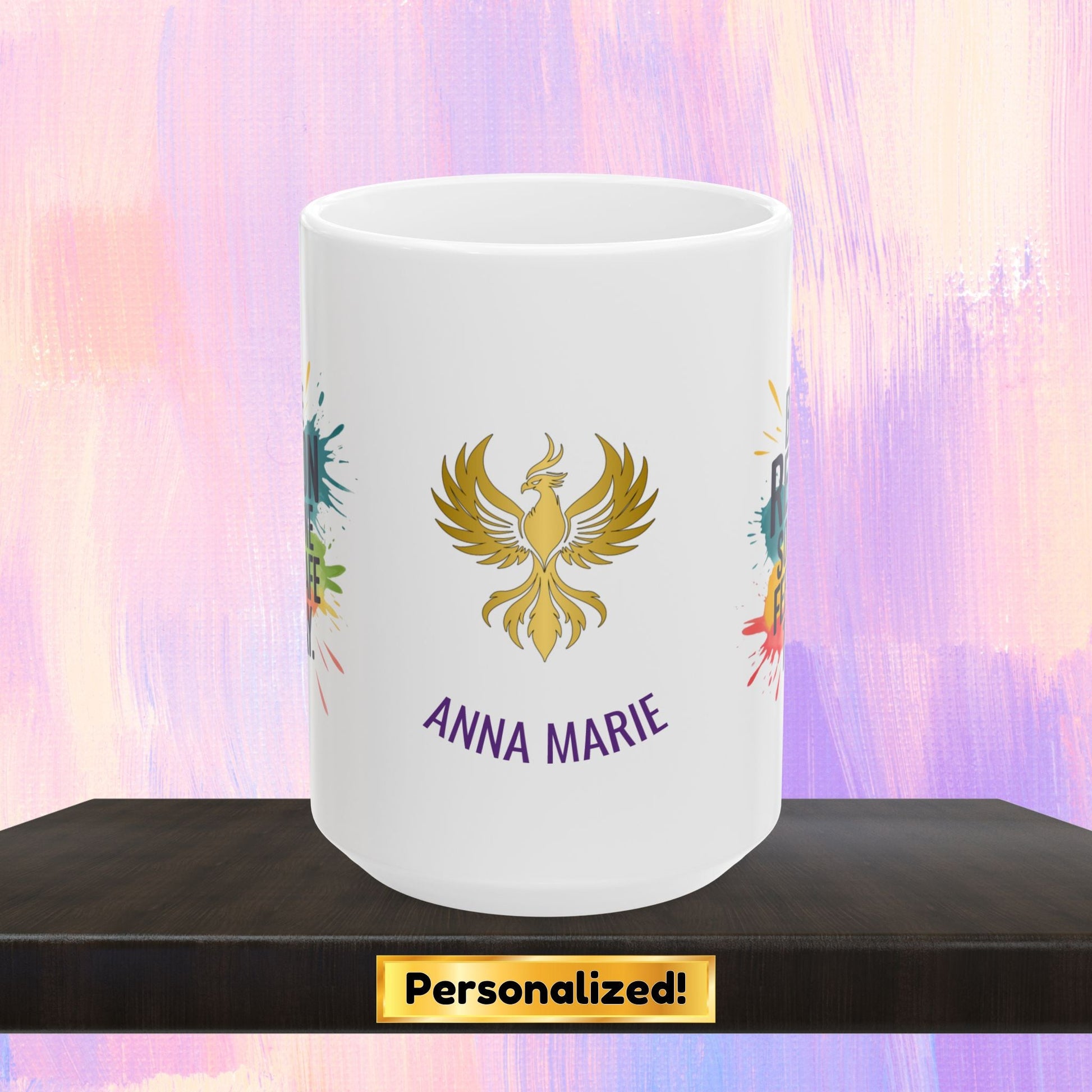 Personalized mug promoting safety and support for victims.
