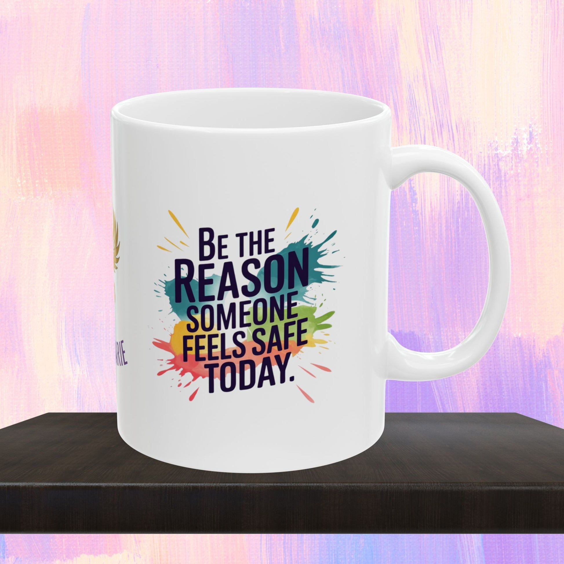 Personalized mug promoting safety and support for victims.